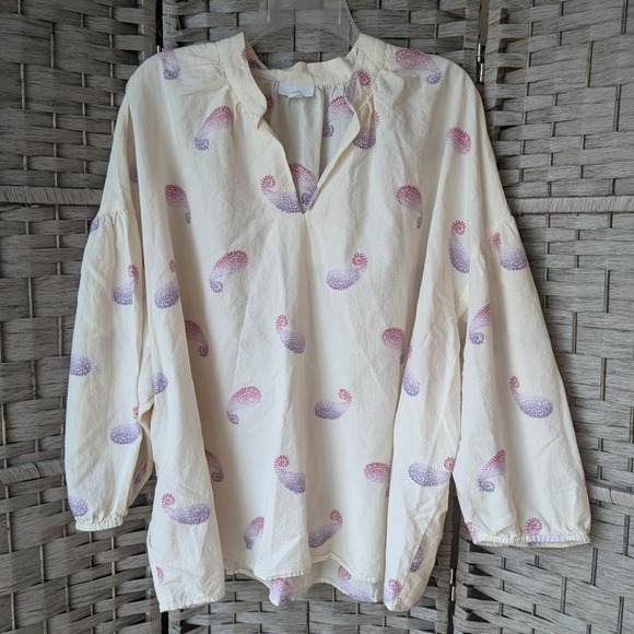 J. Jill Tops - J. Jill Tunic Top Cream Paisley Split Neck Raglan Balloon Sleeve Women 2X Boho‎